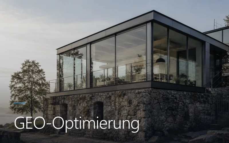 Ein modernes Glasgebäude ruht auf einem alten, verwitterten Steinfundament im Morgenlicht – Sinnbild dafür, dass die KI-Suche auf dem Fundament klassischer SEO aufbaut.