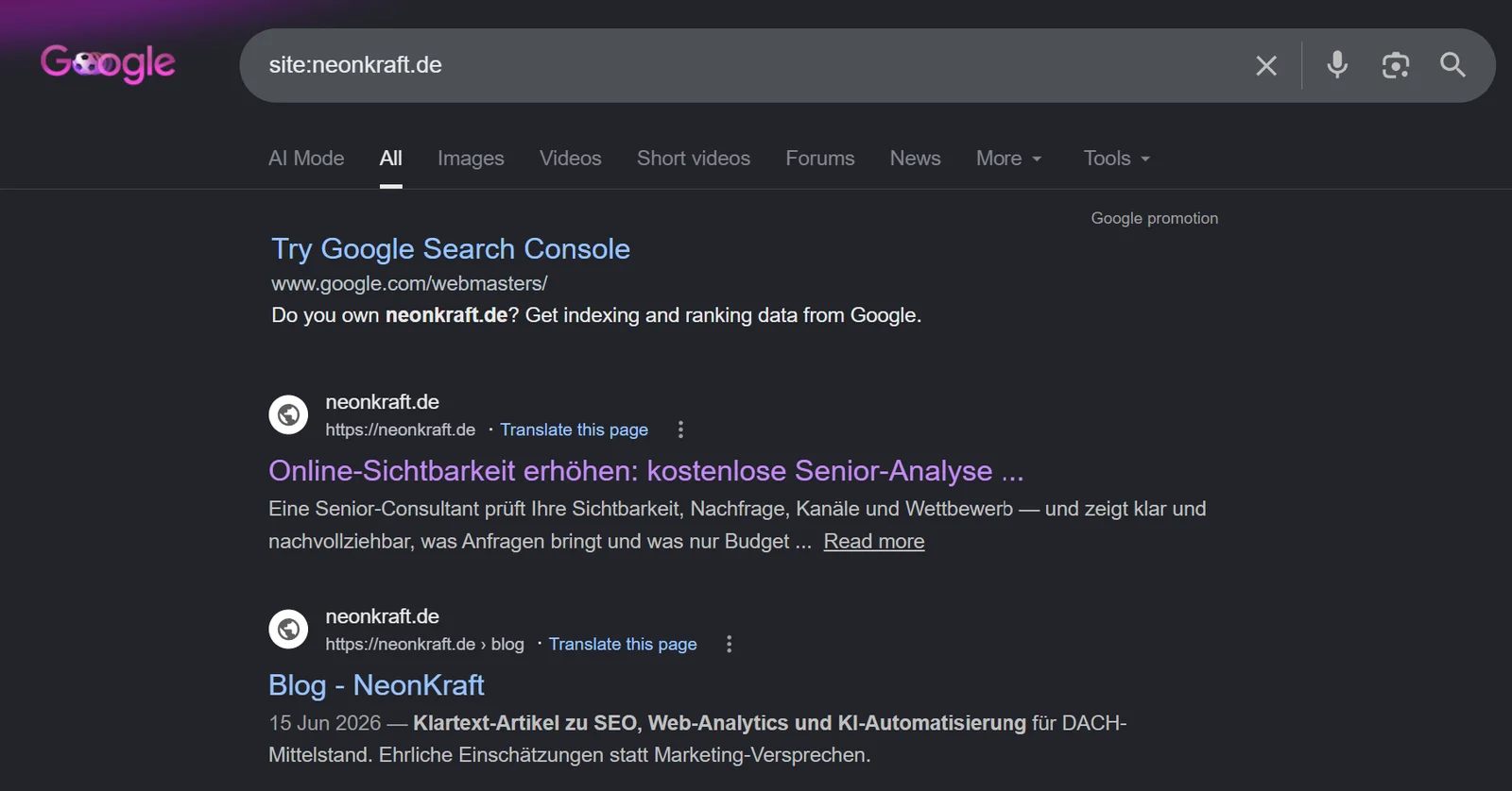 Google-Suche nach site:neonkraft.de — die site-Abfrage zeigt, welche Seiten einer Domain im Index sind